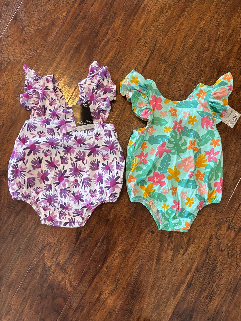okie dokie Purple Floral & Teal Tropical Ruffle-Sleeve Baby One-Piece Duo